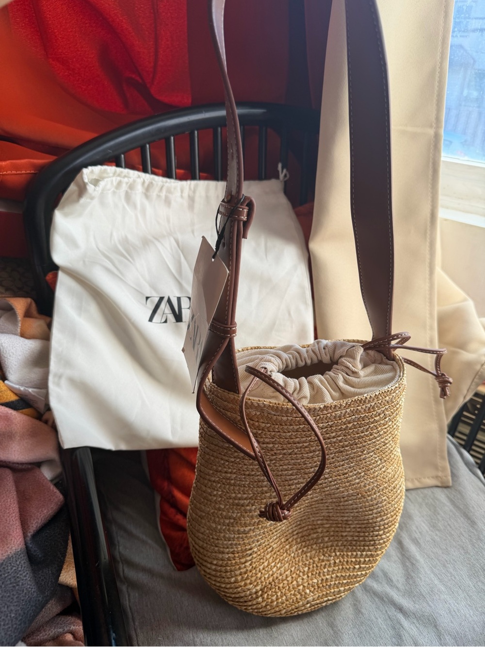 Zara Natural Straw Bucket Crossbody with Brown Trim
